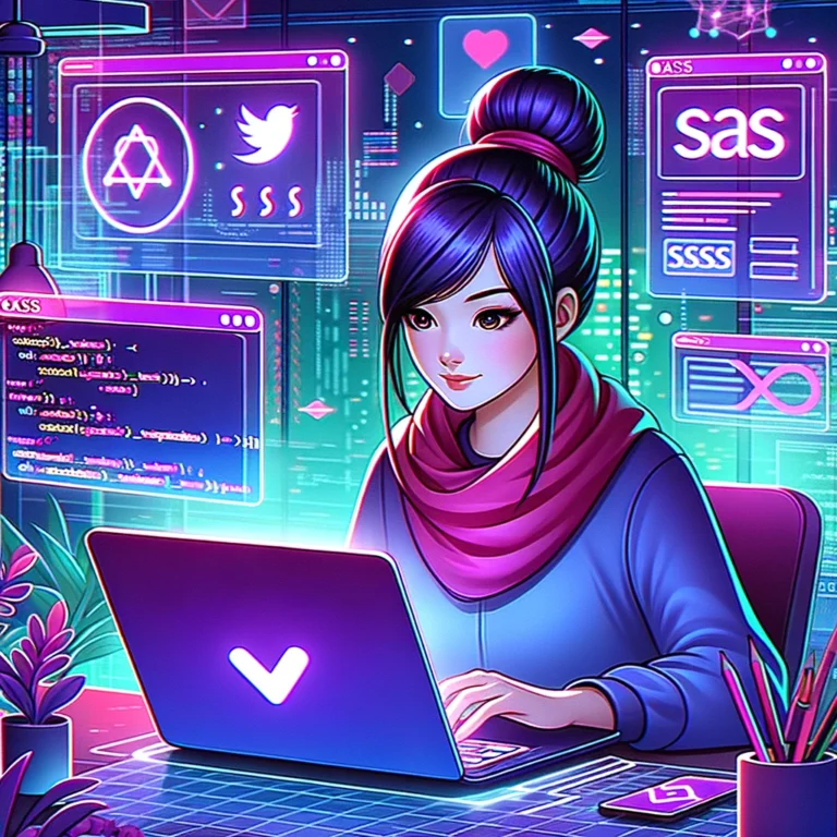 The image shows an Asian woman sitting at a desk and coding on a laptop. The screen shows SASS code. Around her are floating virtual screens showing various aspects of SASS and CSS preprocessing. The background is a futuristic office space with neon lighting and tech decor.
