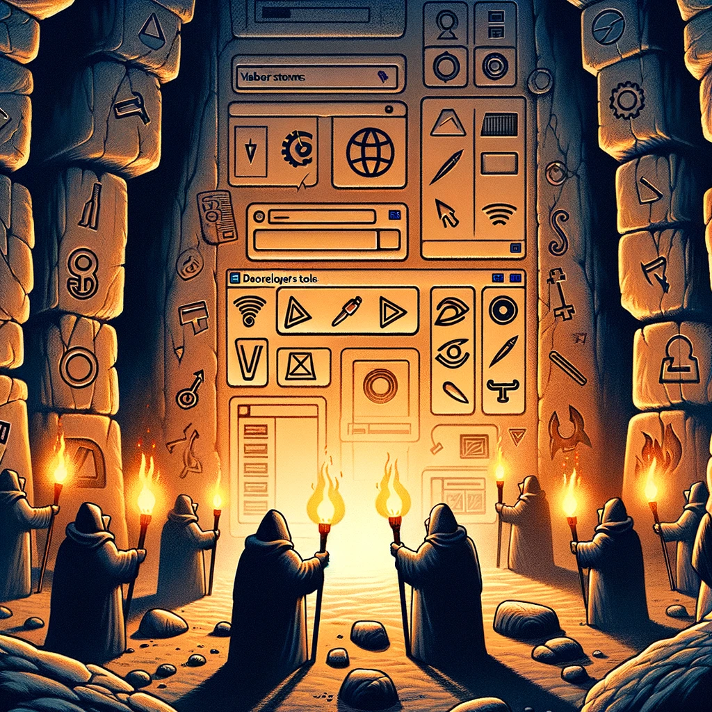 Ілюстрація темної печери, стіни якої вкриті давніми символами та іконами, що нагадують інструменти розробника веб-браузера. Група веб-розробників із світильниками в руках вивчає ці символи, намагаючись розшифрувати їх значення.