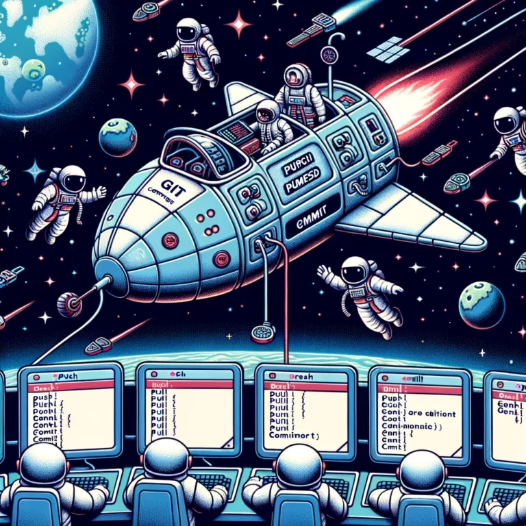 An illustration of a spaceship with Git commands navigating a galaxy of code, with astronauts running commands in a space environment.