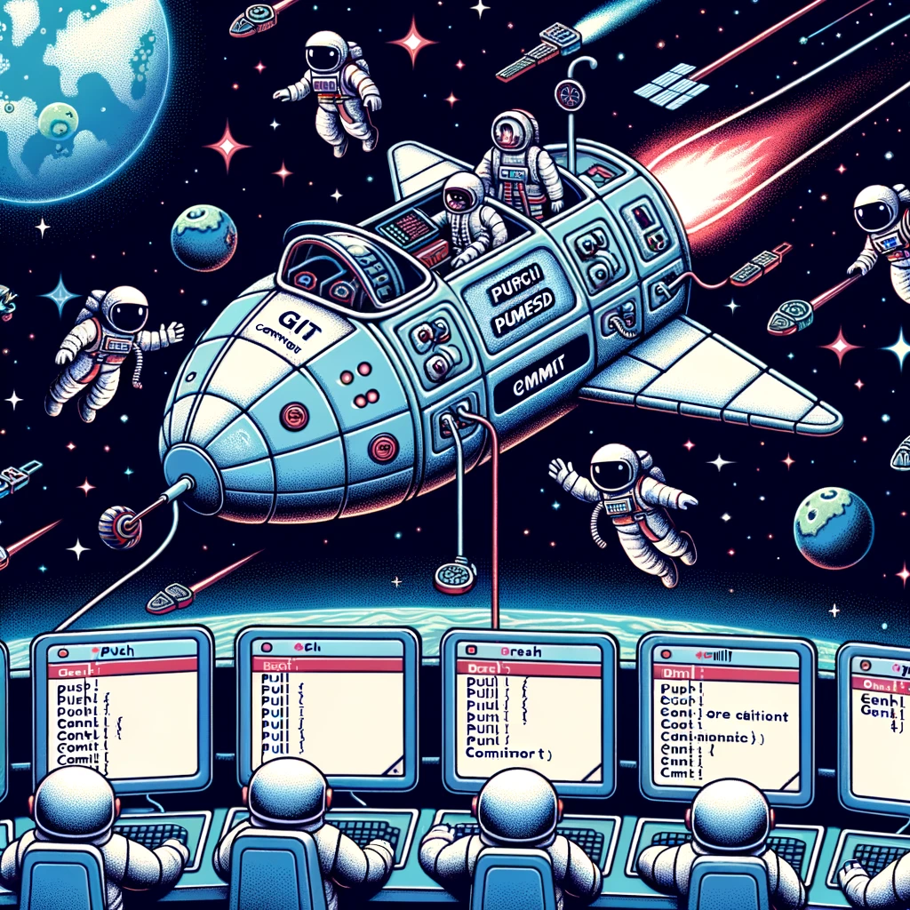Ілюстрація космічного корабля з командами Git, який навігує галактикою коду, з космонавтами, які виконують команди в космічному середовищі.