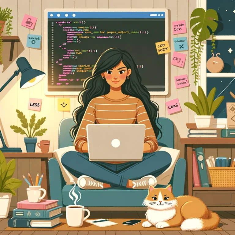 A Hispanic female programmer works on a laptop with Less CSS preprocessor code in a cosy home office, with a cat sleeping nearby.