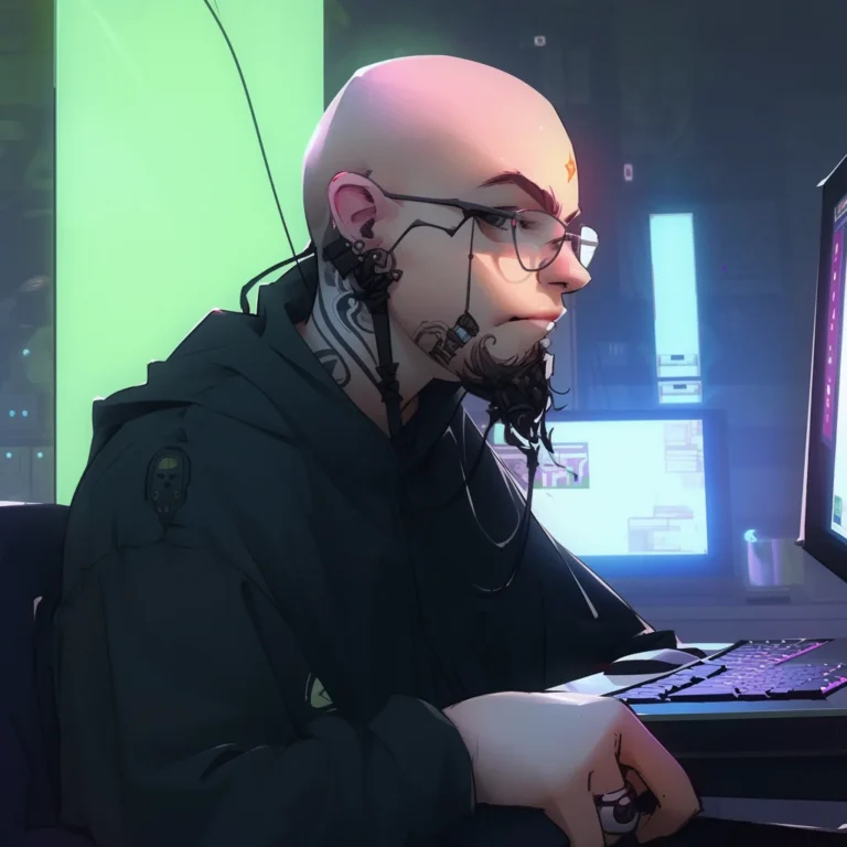 An anime-style image of Sasha Zimin sitting at a computer in profile, with IT security symbols in the background.
