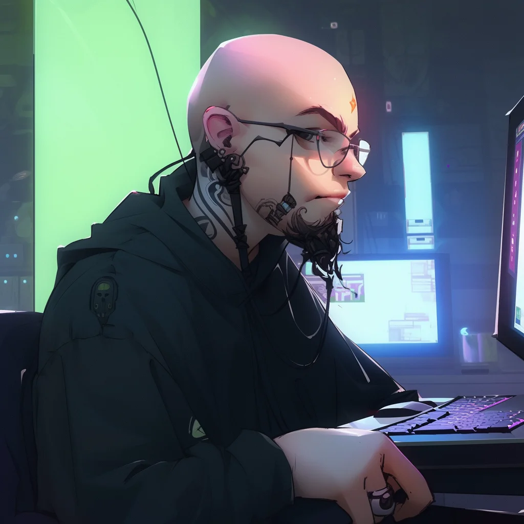 Аніме-стильне зображення Саша Зімін, який сидить за комп'ютером в профіль, з символами IT-безпеки на фоні.