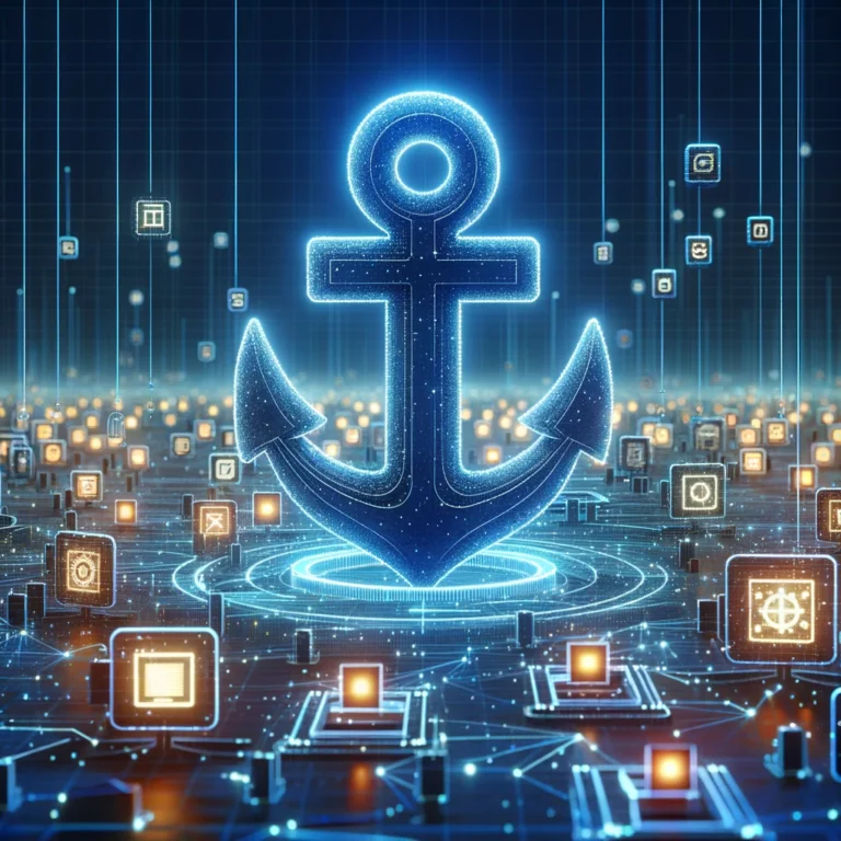 A 3D illustration of an HTML anchor in a futuristic digital world, with a glowing anchor surrounded by floating HTML tags and elements, connected by lines of light to various points of the digital environment.