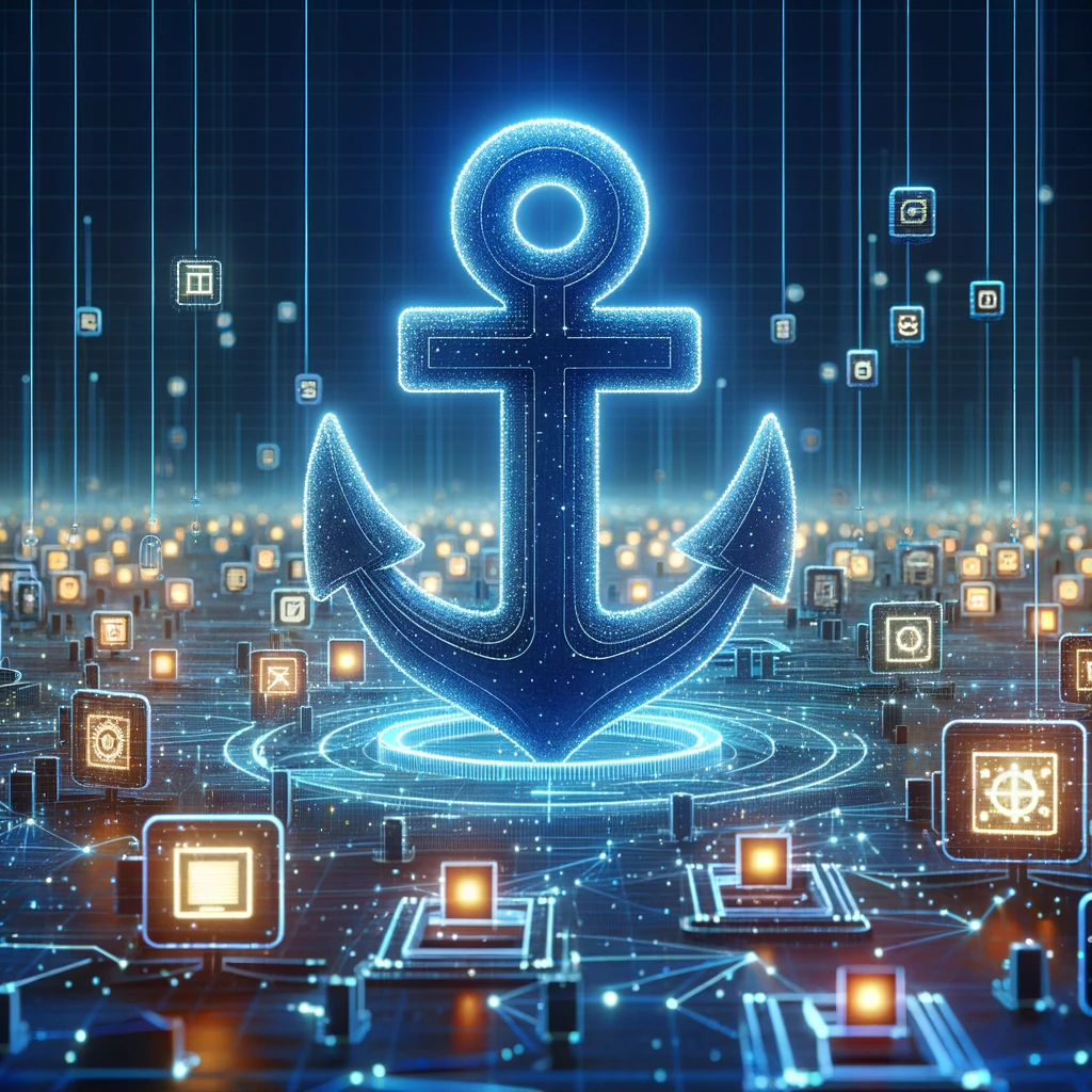 3D ілюстрація якоря HTML у футуристичному цифровому світі, з якорем, що світиться, оточеним плаваючими HTML тегами та елементами, з'єднаним світловими лініями з різними точками цифрового середовища.