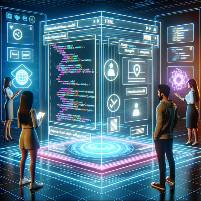 A 3D render of a futuristic hologram display with an interactive HTML document. In the image, a Hispanic woman and an Asian man interact with a floating document glowing in neon colours. HTML tags and attributes are highlighted on a semi-transparent screen in a modern office space.