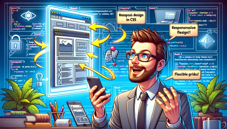 An animation of a website changing from a complex desktop version into a simplified mobile version, illustrating responsive design in CSS. In the foreground is a man in glasses and smart-casual clothes watching the process with enthusiasm, surrounded by code and CSS symbols.