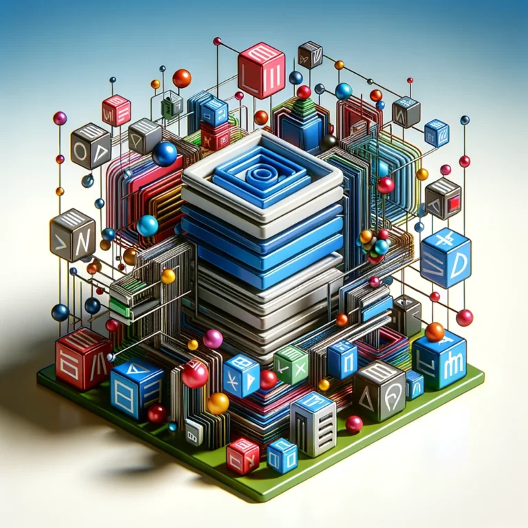 An abstract 3D illustration showing the structure of an HTML document as a network of connected geometric shapes in different colours, symbolising different HTML elements, on a dark background.