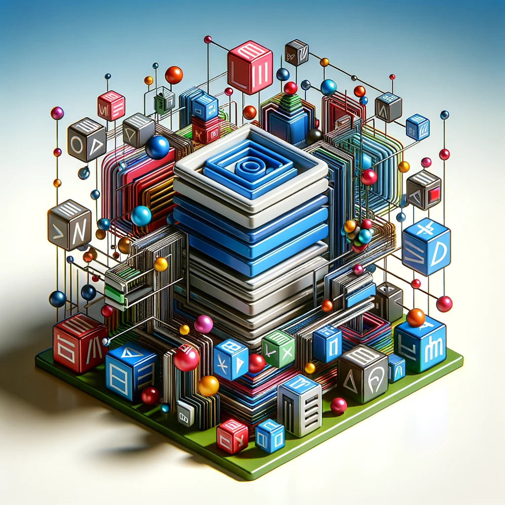 Абстрактна 3D ілюстрація, яка показує структуру HTML-документа через мережу взаємопов'язаних геометричних форм різних кольорів, символізуючи різні елементи HTML, на темному фоні.