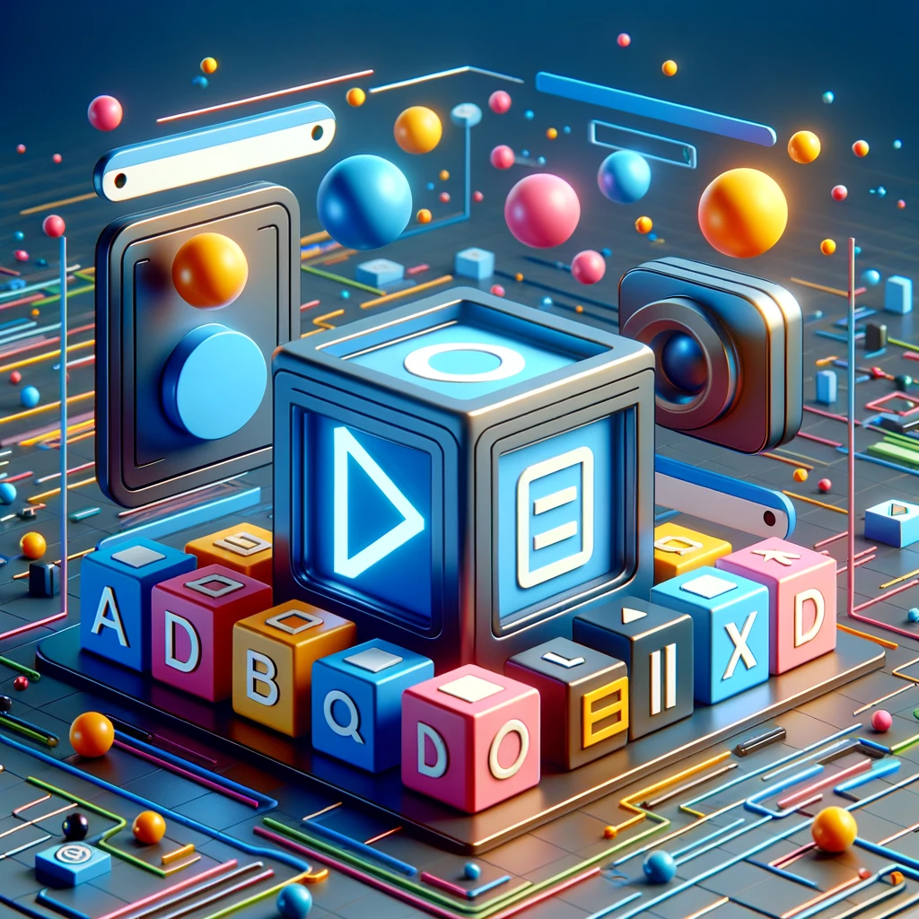 Ілюстрація, що зображує елементи мультимедіа HTML як кольорові геометричні форми та символи на абстрактному цифровому фоні, включаючи представлення таких тегів як , , , , і .