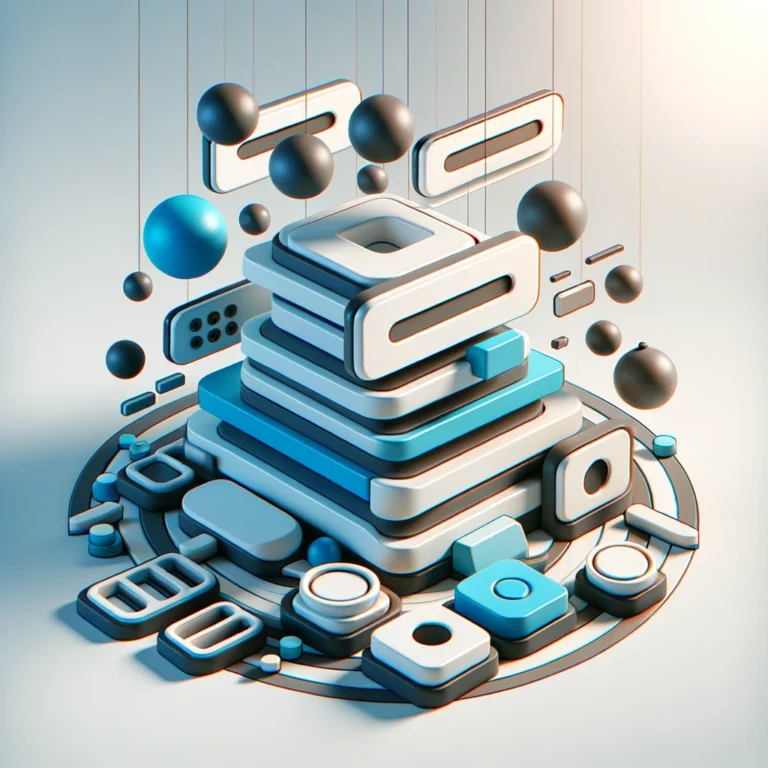 A 3D image showing abstract shapes that symbolise HTML form elements such as text fields and buttons, arranged dynamically on a minimalist futuristic background, with no text.