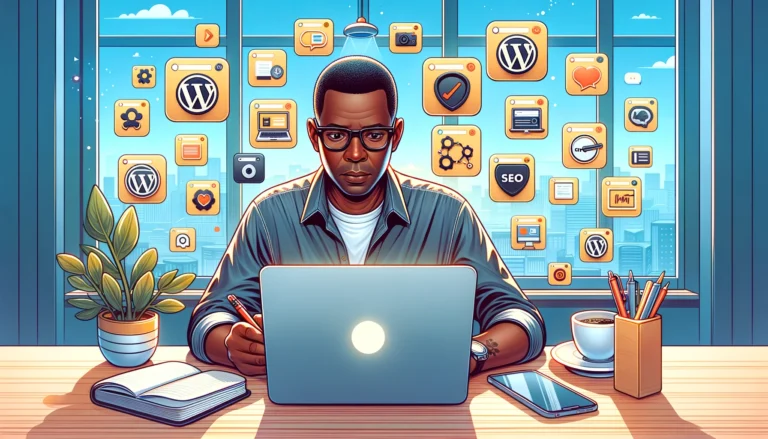 An illustration of a middle-aged man looking at a laptop with the WordPress dashboard open, with icons of various WordPress plugins floating in the air above him. The icons include e-commerce, SEO and security plugins. The background is a creative office space with a window overlooking a cityscape.