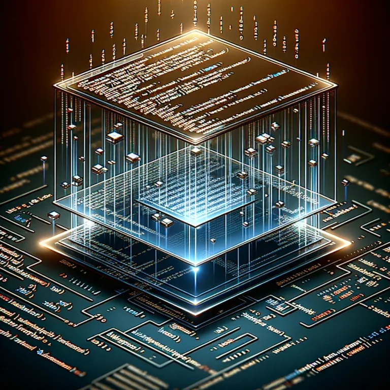 Digital art showing the concept of HTML tables, with large glowing HTML code on a dark background and a stylised table with several rows and columns filled with text, numbers and icons.