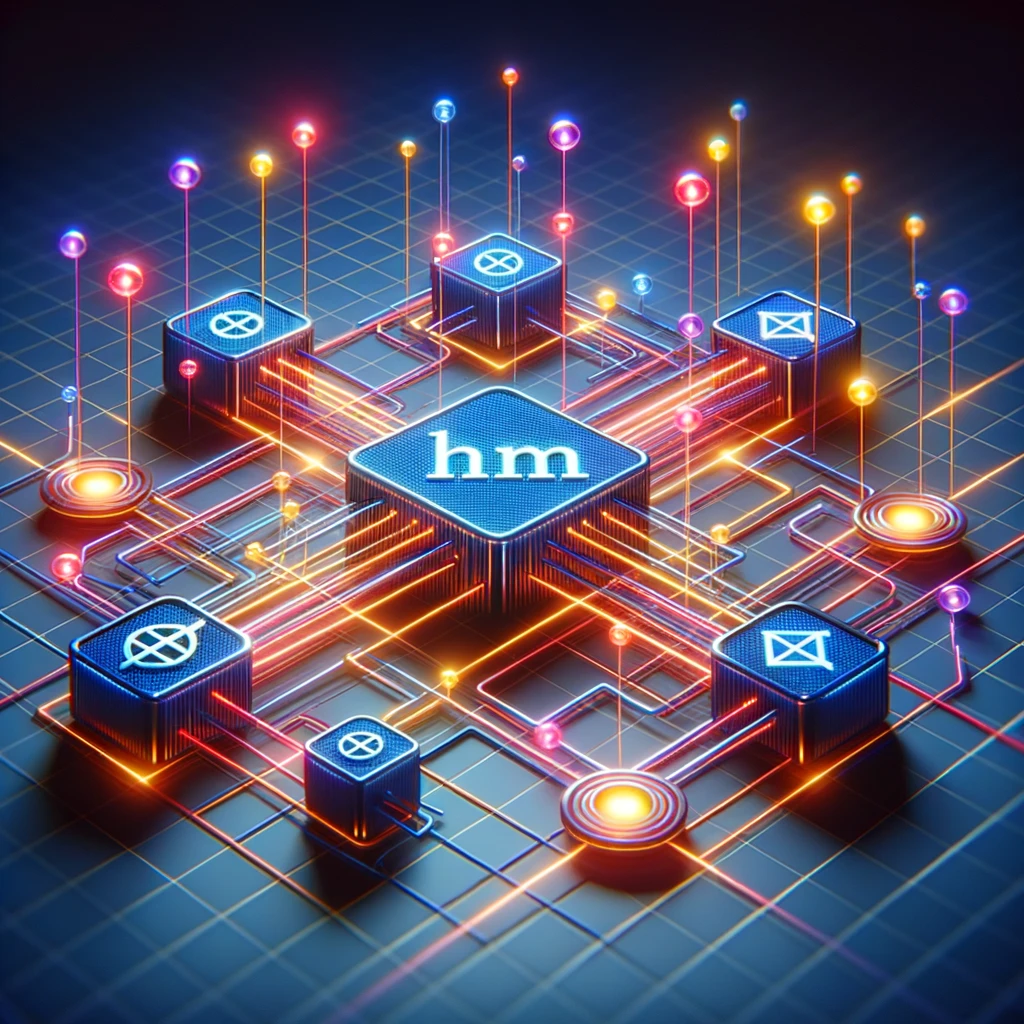 3D ілюстрація, яка показує мережу взаємопов'язаних вузлів, представляючи веб-сторінки та ресурси, з'єднані яскравими, світловими лініями, що символізують гіперпосилання у HTML.