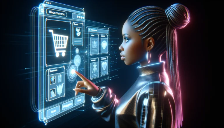 A 3D illustration of a young African woman with braids in a futuristic outfit, interacting with a floating 3D holographic WooCommerce display. The display shows an intuitive and attractive WooCommerce interface with 3D product visualisations, creating the feeling of being immersed in a virtual shopping world.