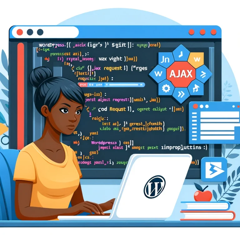 An illustration of an African female web developer working on adding Ajax to WordPress. Her laptop screen shows a diagram of Ajax requests and the WordPress code that implements them. The image conveys focus and an innovative approach to building dynamic websites.