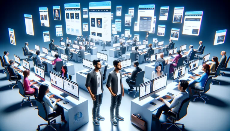 A 3D image of a virtual workspace for web designers, where avatars from different cultures, including an Indian man with a trendy haircut and a Central Asian woman in a hijab, work on creating WordPress themes. The space is full of various floating 3D models of website templates, reflecting the diversity and innovation of web design.